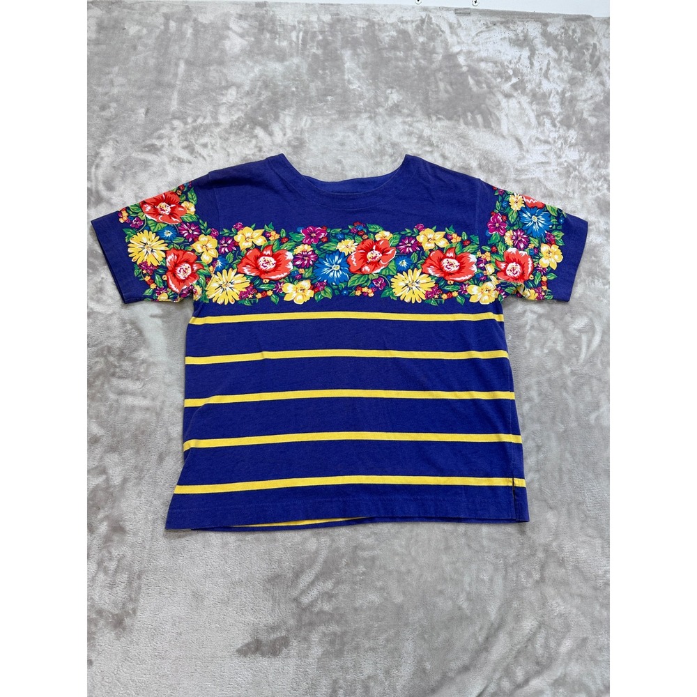 Vintage Lizsport Floral Stripe T-Shirt Blue Yellow Cotton Crew Neck Small